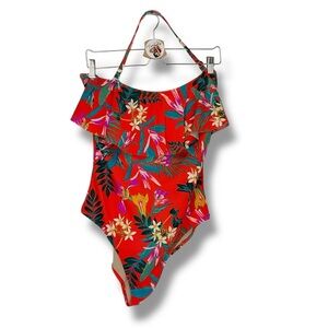 Old Navy Swimsuit Orange Floral Ruffle Tropical One Piece Bathing Suit‎ Size XL